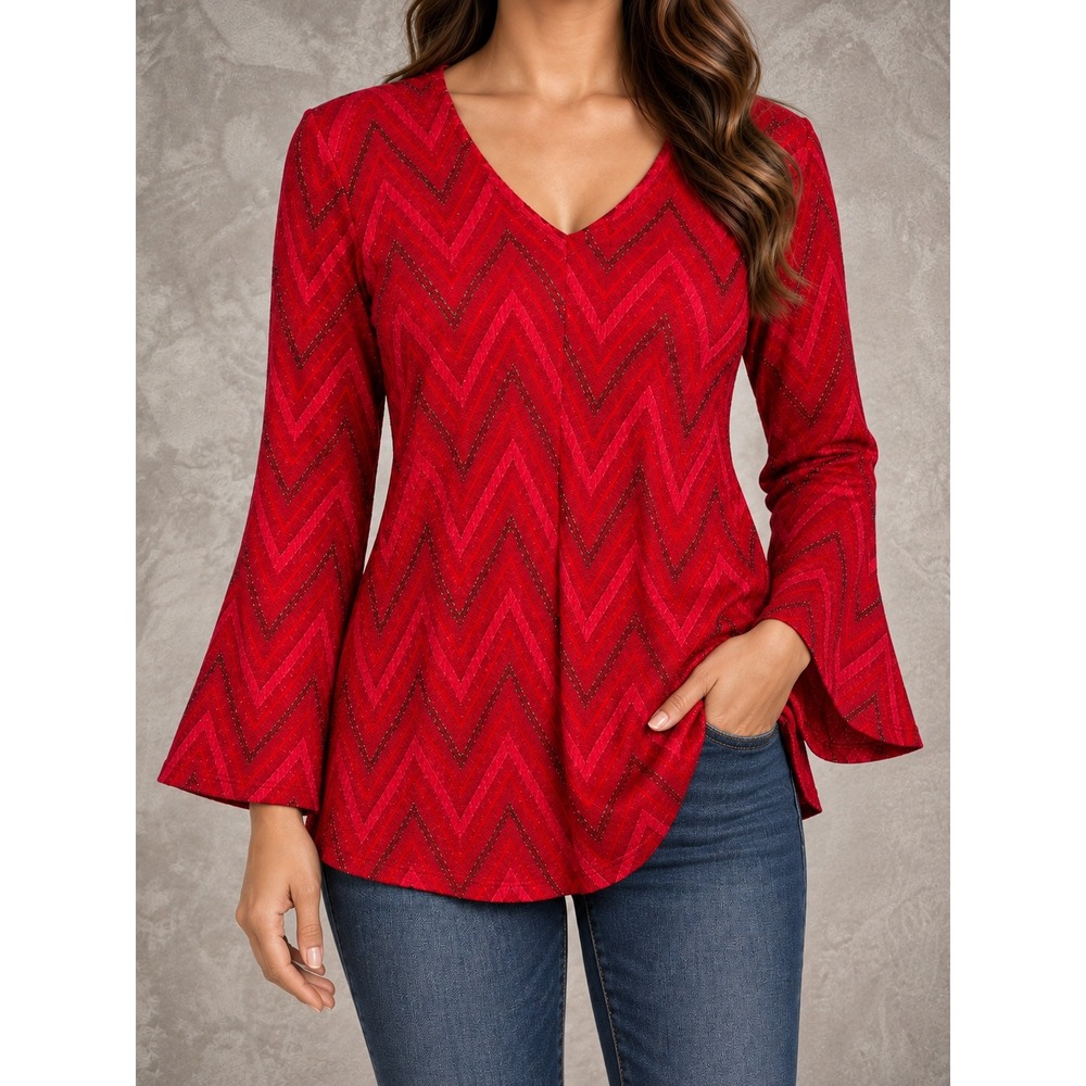 M Missoni Knit Top Womens Medium Red Metallic Chevron Bell Sleeve Whimsygoth